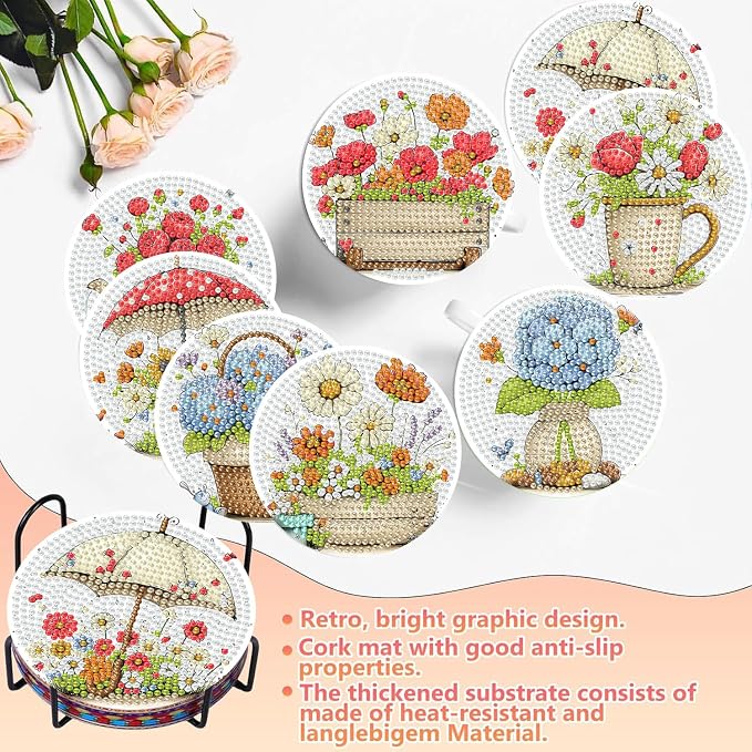 8 PCS Flowers Diamond Art Coasters Kits | Diamond Paintings Coasters