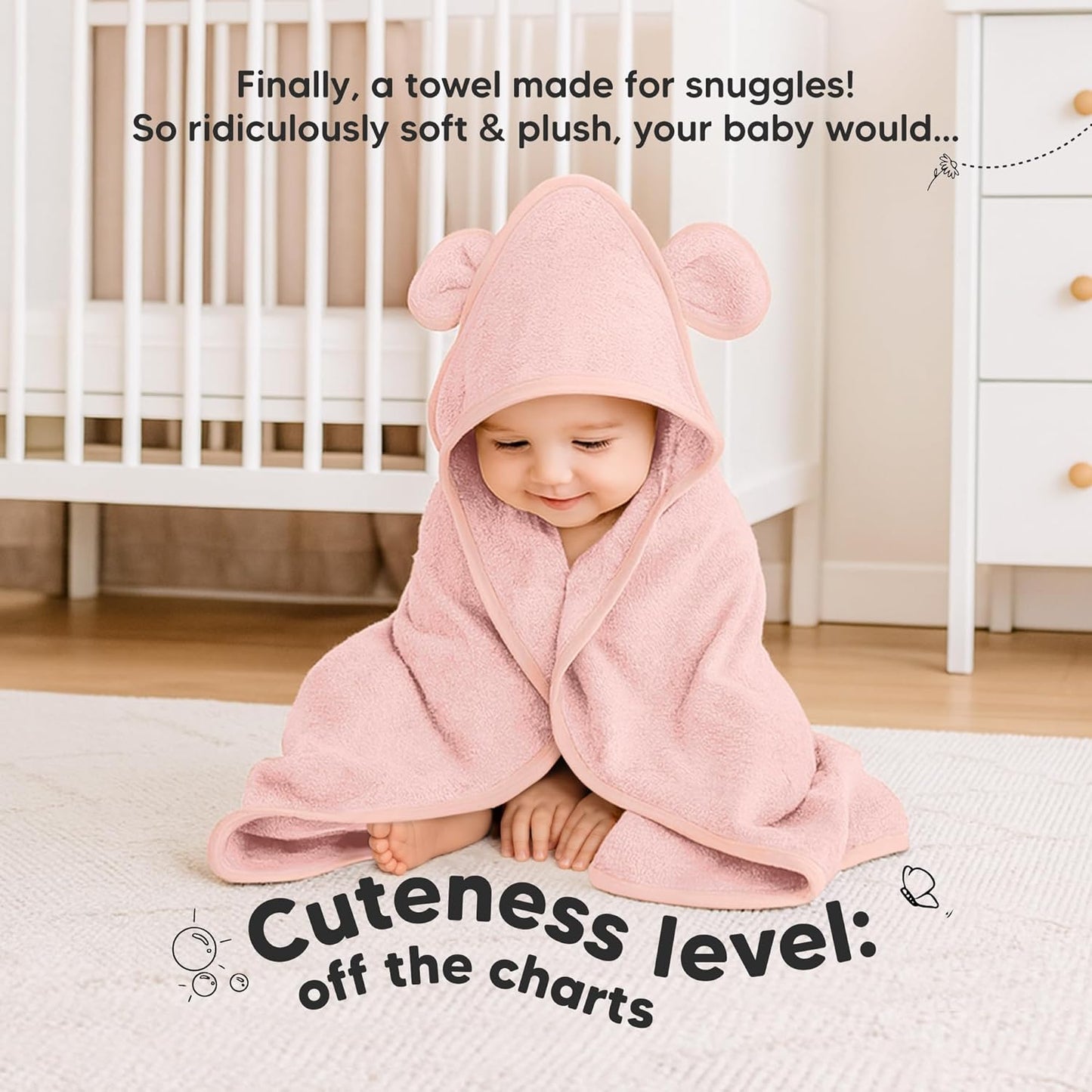 KeaBabies 2-Pack Hooded Baby Towels for Newborn - 30x30 Soft & Absorbent Viscose From Bamboo Baby Bath Towels with Hood for Infant, Toddler,Kids,Boys Girls,Newborn Bath Essentials (Rose Ivory, Petite)
