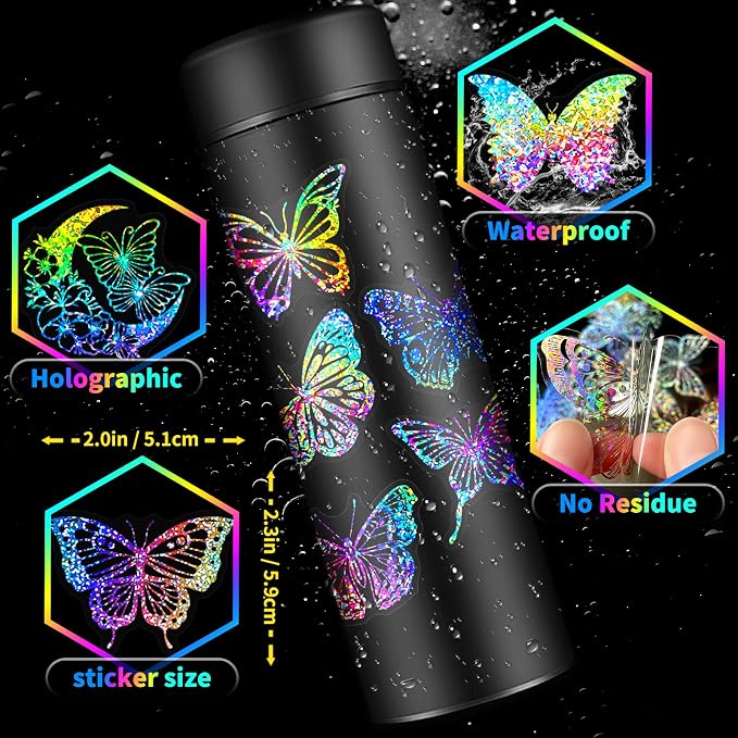 Yoksas 100Pcs Holographic Glitter Butterfly Stickers