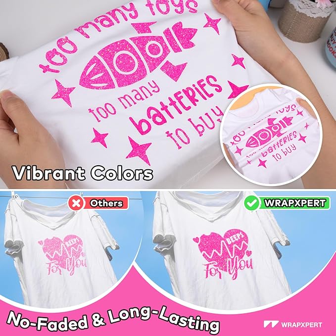 WRAPXPERT Pink Glitter HTV Hot Pink Heat Transfer Vinyl Roll