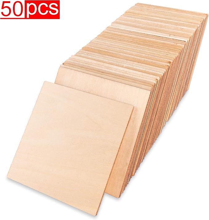 50 Pack Unfinished Wood Squares 4"x4"x1/8" Blank Thin Basswood Sheets