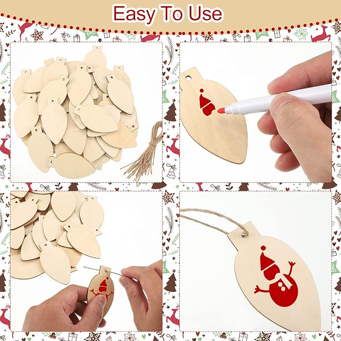 Queekay 50 Pcs Christmas Unfinished Wooden Light Bulb Wooden Slices Blank