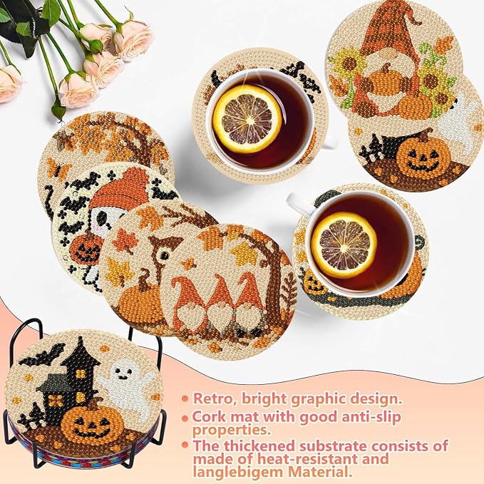 8 PCS Halloween Diamond Art Coasters Kits Cute Diamond Painting Coaster |