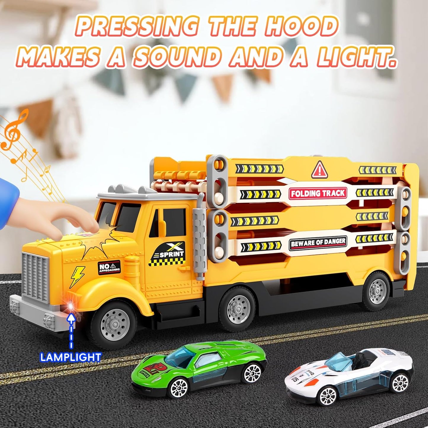 HONGTUO Race Track Truck Toy for Kids – Foldable 3-Layer Car Track Playset with 6 Vehicles, Light & Sound Transport Truck, Christmas & Birthday Gift for Boys and Girls Ages 3-6
