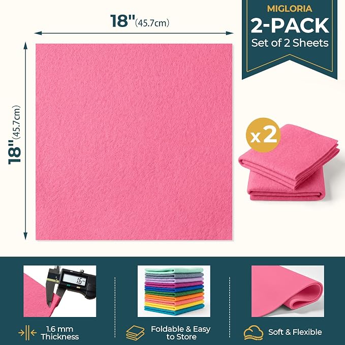 Felt Fabric Sheet 18 x 18 Inch, 1.6mm Thick | Soft and Flexible Nonwoven