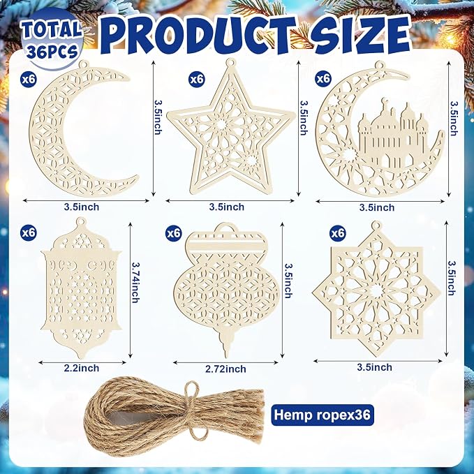 36PCS Wooden Ramadan Decorations Eid Islam Mubarak Ornaments Mubarak Hanging