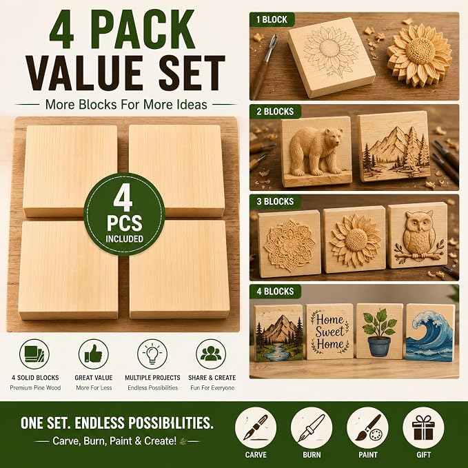 4 Pcs Solid Wood Blocks 4x4x1 Inch Unfinished Whittling Blocks