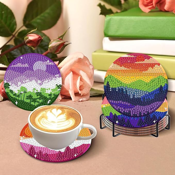 8 PCS Diamond Art Coasters Kits Moutain Sunset Diamond Painting Coaster |