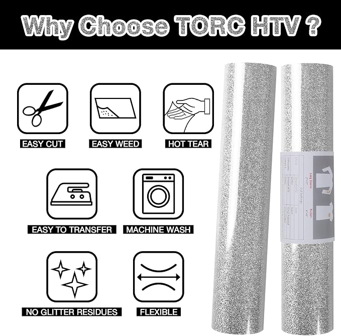 TORC Silver Glitter HTV Heat Transfer Vinyl Roll 12 inch x 20 ft Iron on Vinyl