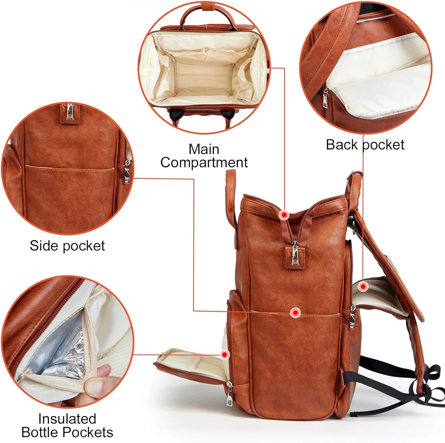 Leather Diaper Bag Backpack with Changing Mat Travel Backpack Waterproof&Insulated Large Nappy Bag Stroller Straps, Brown B, 13.8x8x18 Inch (Pack of 1), Travel Backpacks
