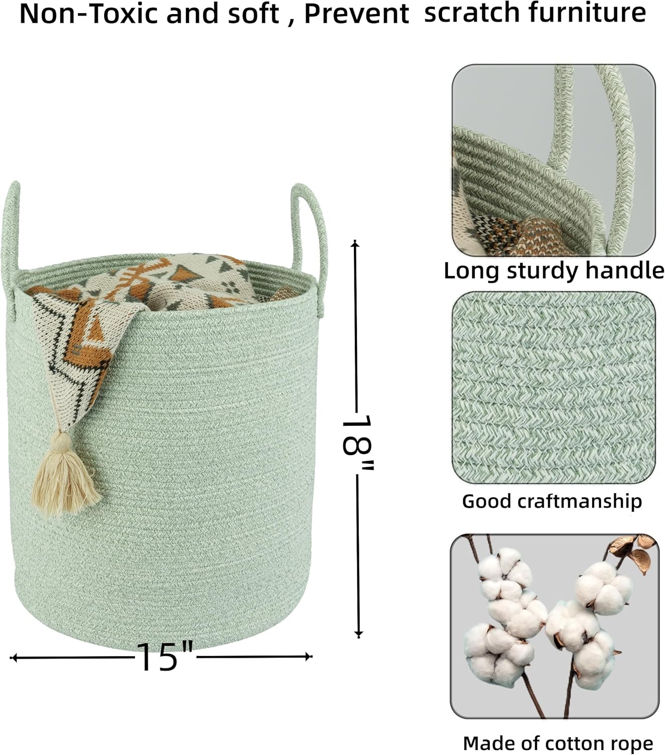 Cotton Rope Laundry Basket Hamper for Clothes Woven Storage Basket for Living Room Bedroom Boho Tall Rope Baskets for Blanket Toys Pillow Towels Baby Nursery Hamper Bin green