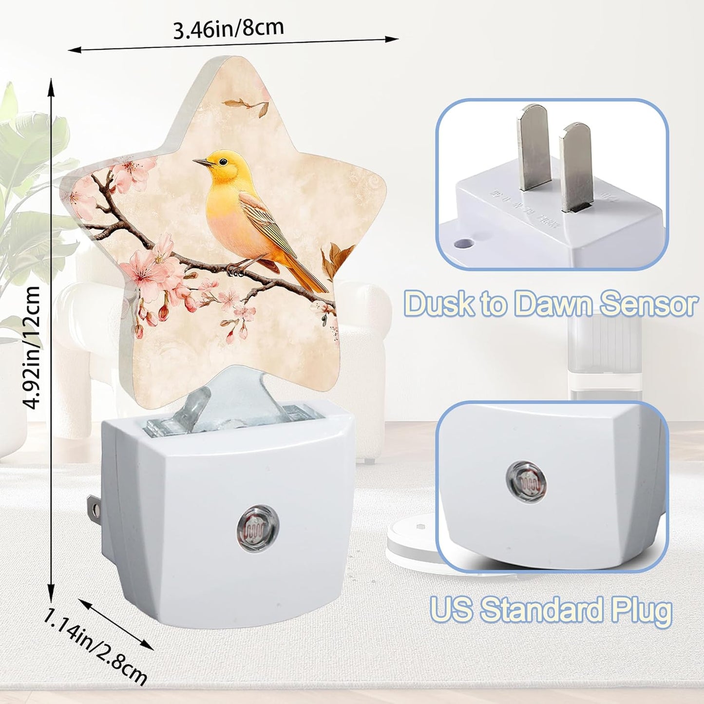 Bird Vintage Nightlight,Pink Cherry Blossoms Star Night Lights Plug into Wall Decorations for Bedroom Bathroom,Dusk to Dawn Sensor Kitchen Hallway Stairs Energy Efficient Desk Lamp