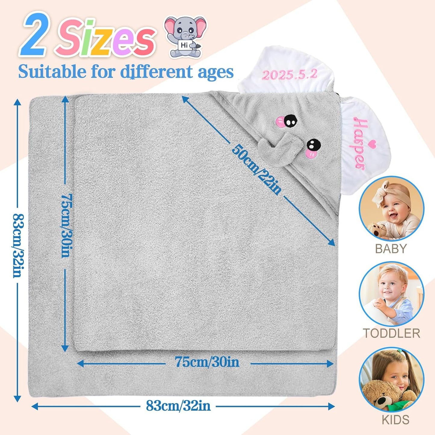 Custom Hooded Bath Towel with Name, Personalized Highly Absorbent Elephant Towels, Baby Bath Towels for Girls Boys, Christmas Brithday for Baby, Toddler, Newborn (Grey)