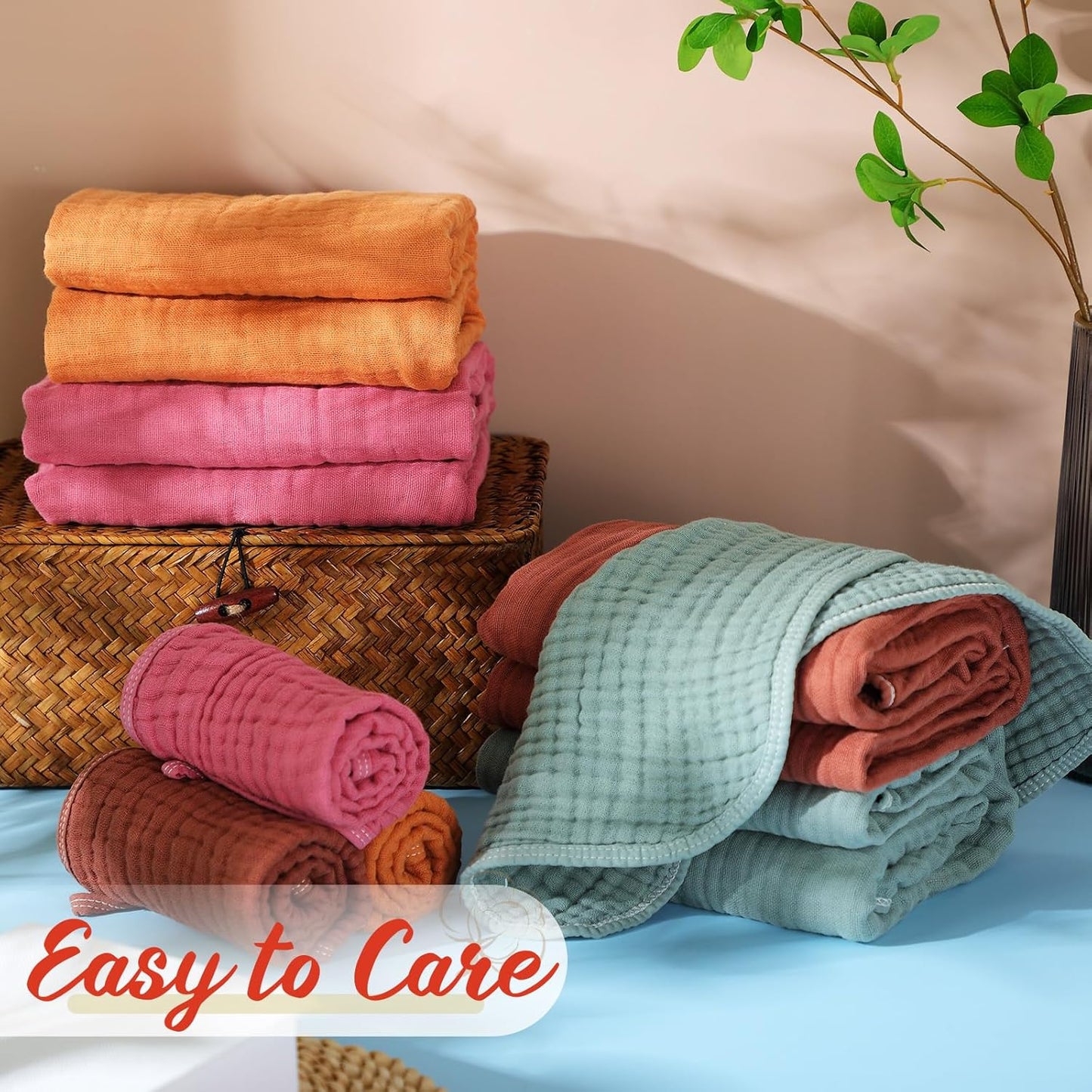 VitalCozy 8 Pcs Baby Muslin Hooded Bath Towels and Washcloths, 32 x 32 Inch Muslin Cotton Hooded Baby Towels Absorbent Blankets for Gift Newborn Infant Shower (Classical Color)