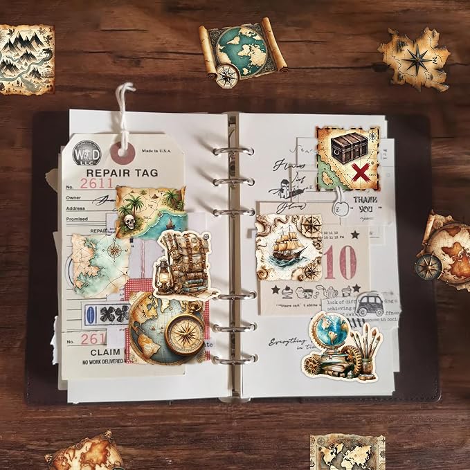 PRSTINCOL 100Pcs Vintage Sticker Pack, Cute Map Design Scrapbook Supplies