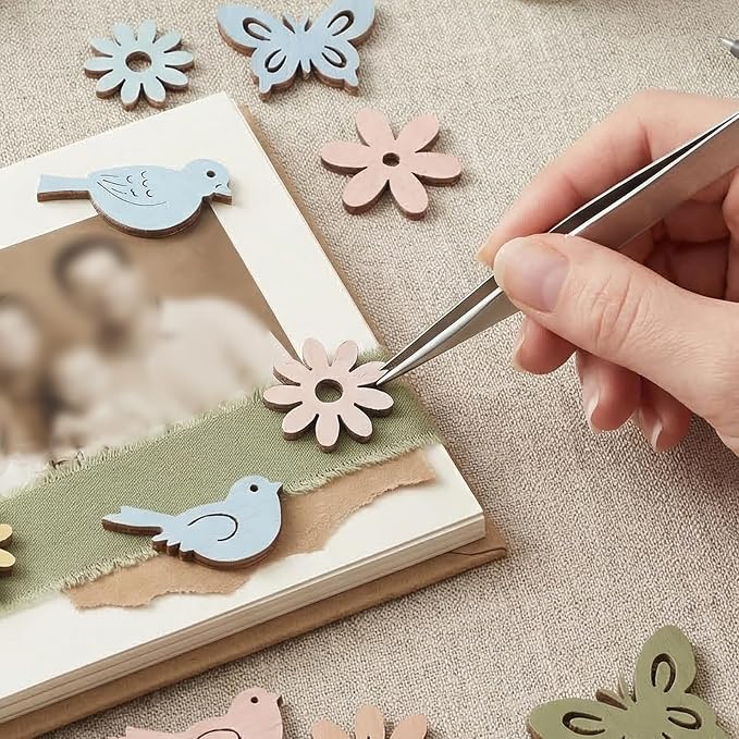 Amosfun 100PCS Wooden Cutouts for Crafts, Unfinished Wood Flowers Bird and