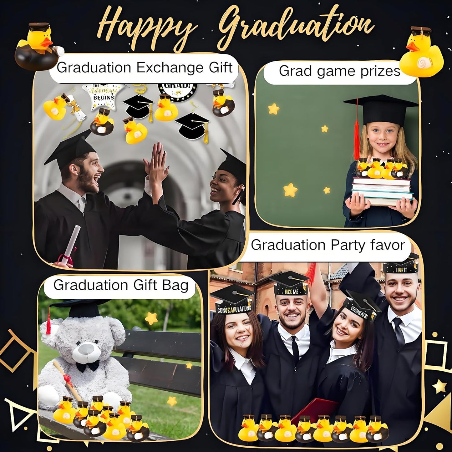 52 Pcs Graduation Rubber Duck 2025 Graduation Diploma Rubber Duckies Grad Cruise Duck Bulk Classroom Reward Prize for Student Bathtub Swimming Pool Theme Party Favors (Black Gold Color)