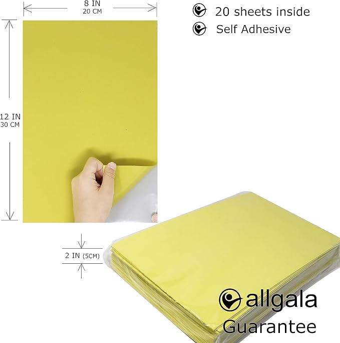 Allgala 20 Pack Self-Adhesive EVA Foam Paper 8x12 Inch Sheets-Yellow-CF85401