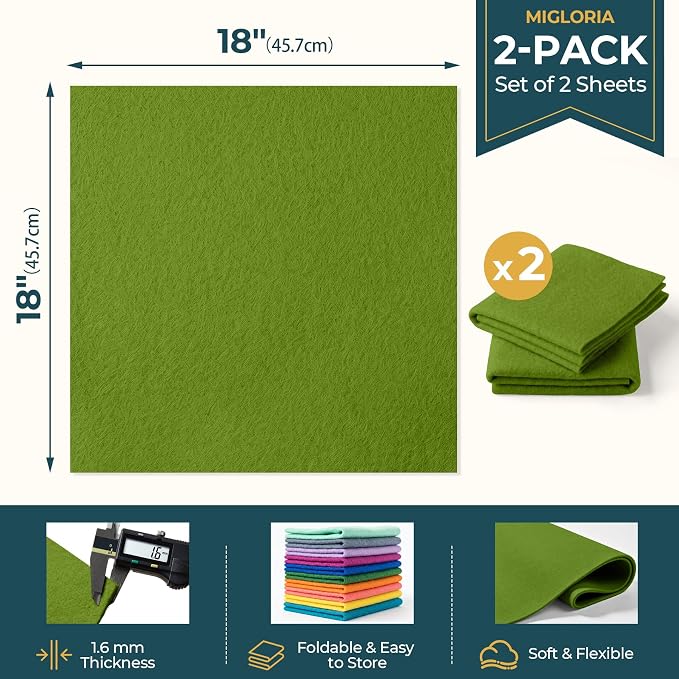 Felt Fabric Sheet 18 x 18 Inch, 1.6mm Thick | Soft and Flexible Nonwoven