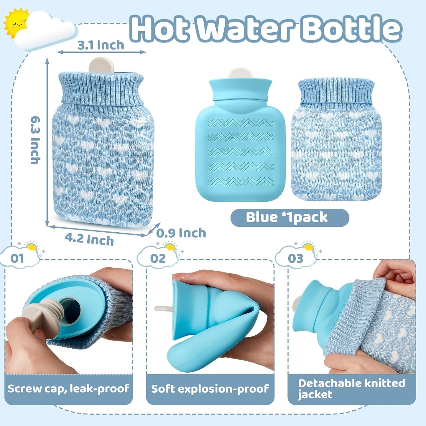 Amylove Mini Hot Water Bottle 320ml for Hot & Cold Compress with Cover Silicone Microwave Heating Small Water Bag for Travel Pain Relief Holiday Gifts(Blue)