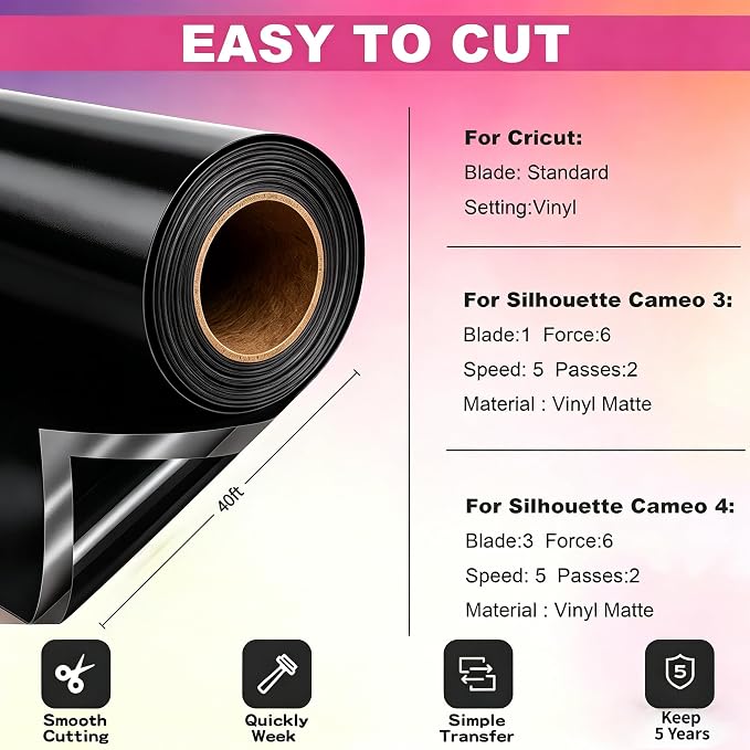 Black Permanent Vinyl for Cricut Cutting Machine, Waterproof, Durable Black