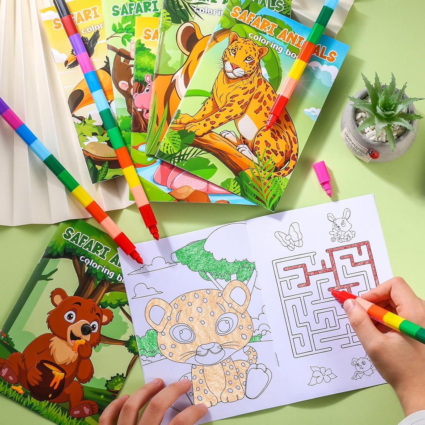 BenLouis 12 Jungle Safari Mini Coloring Books Kids with 12 Stacking Crayons Zoo Animals Lion Party Favors Small Activity Books Bulk for Kids Wild One Party Gift Goodie Bag Stuffers
