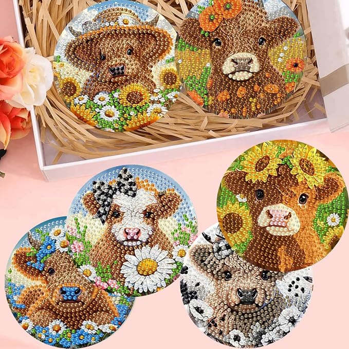 8 Pack Diamond Art Coasters, Highland Cow Diamond Painting Coasters Kits | Cow