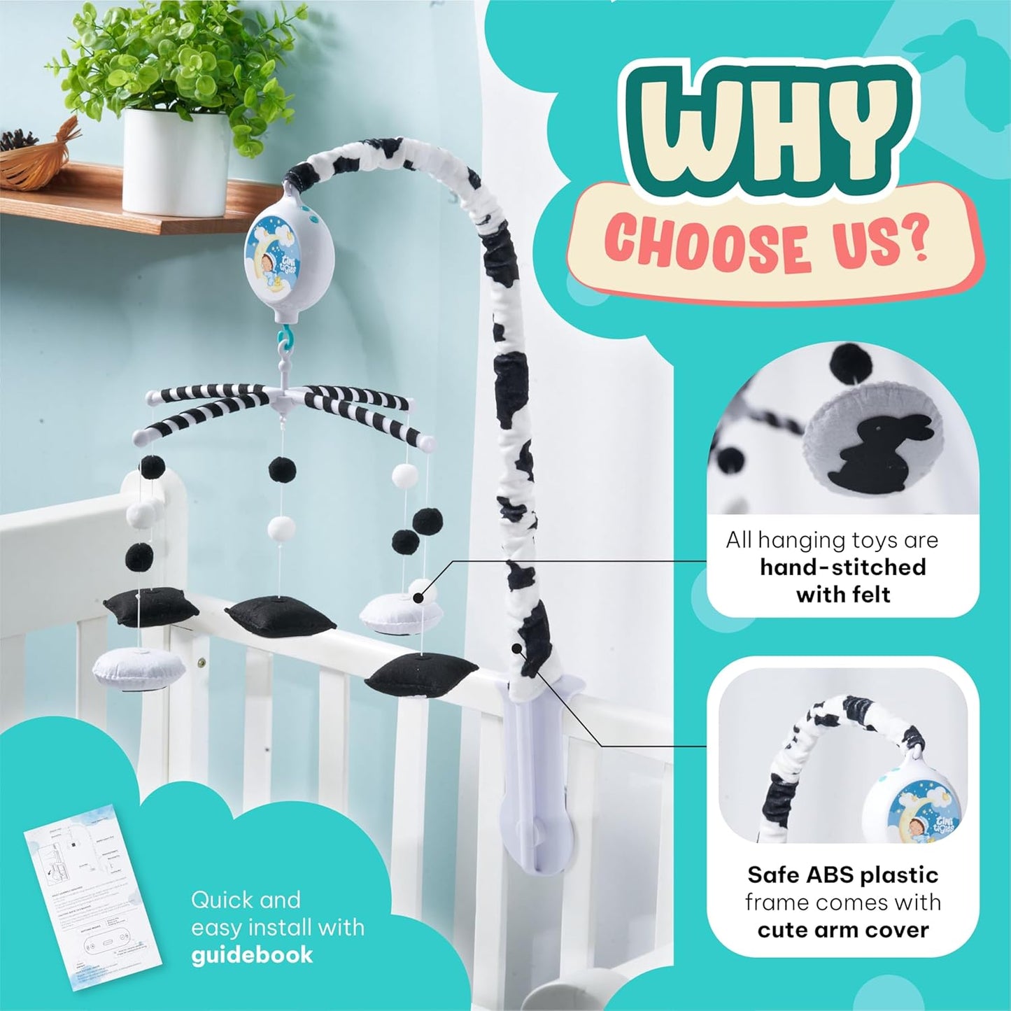 Montessori Mobile Baby for Crib (TINITIGIES) - Black and White Mobile Give Visual Stimulation to Engage Your Newborn - Baby Crib Mobile for Boys & Girls - Baby Mobile for Crib