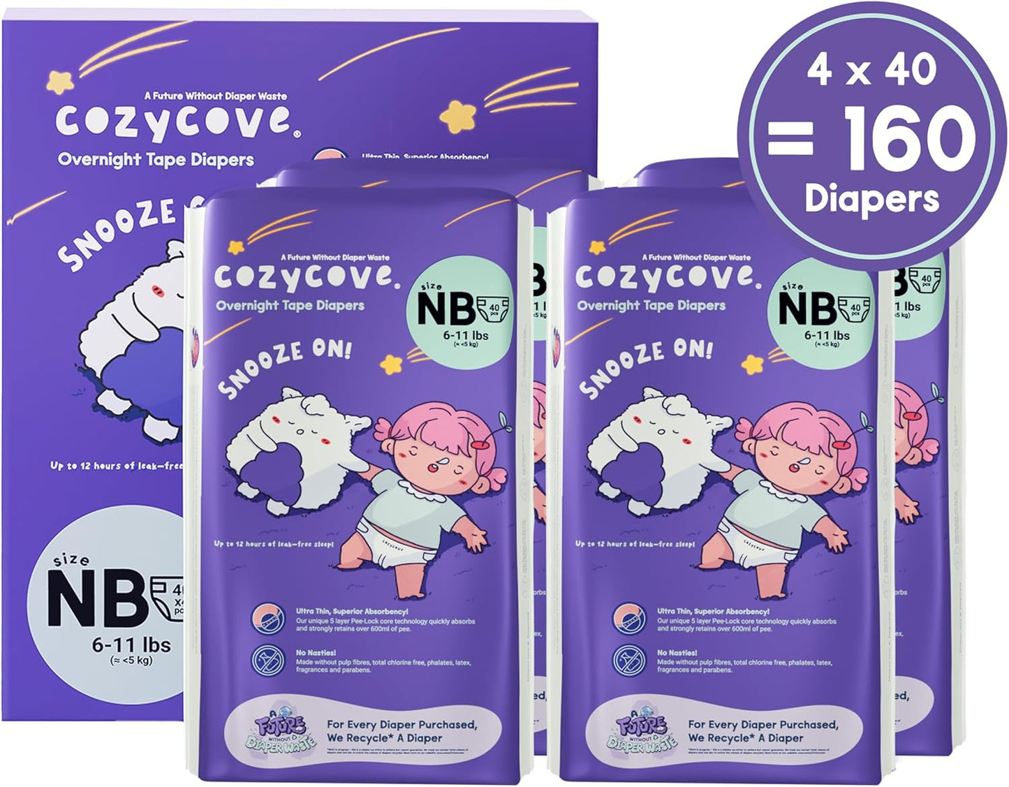 Cozycove Newborn Diapers, Snooze On Slim Overnight Tape Diapers, Size Newborn (6-11 lbs), 160 Count (4 Packs of 40)