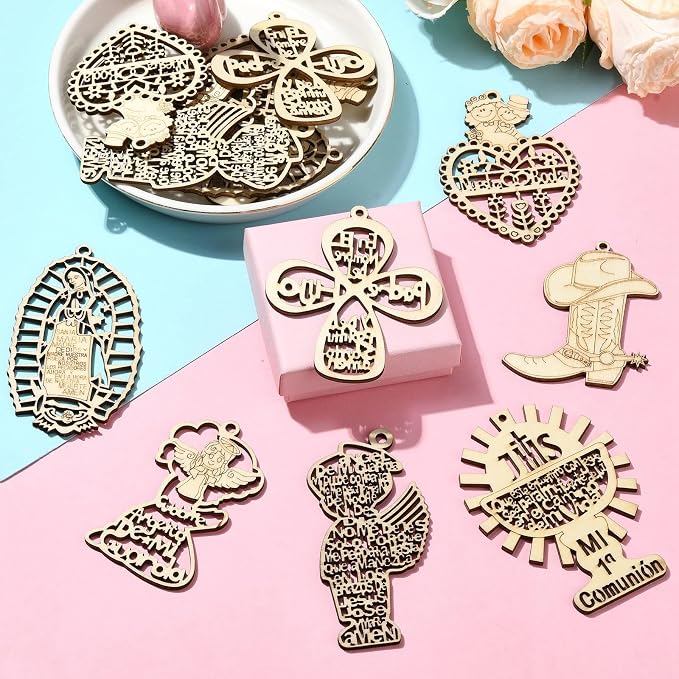35 pcs 7 Styles Wedding Theme Wood Cutout Charms Angel Goddess Heart Cross Sun