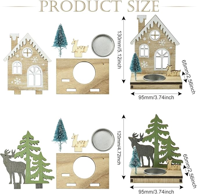 2 pcs 2 Styles Christmas Candlestick Theme Wooden Bases House Deer Tree Wood