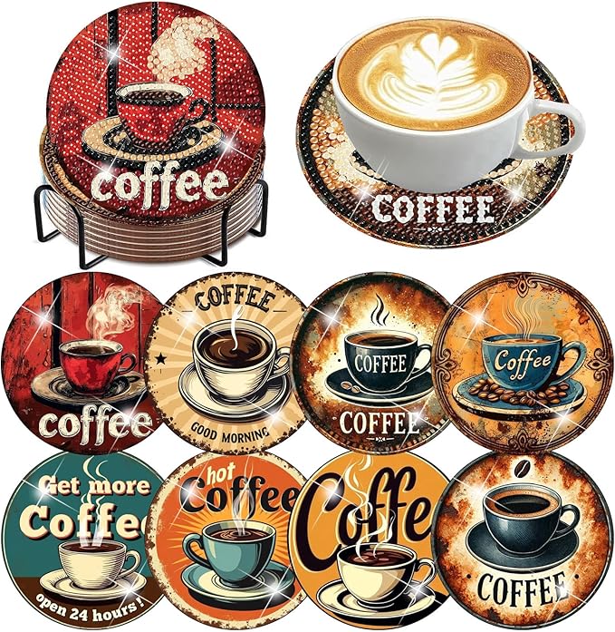8 Pack Diamond Art Coasters, Coffee Retro Diamond Painting Coasters Kits |