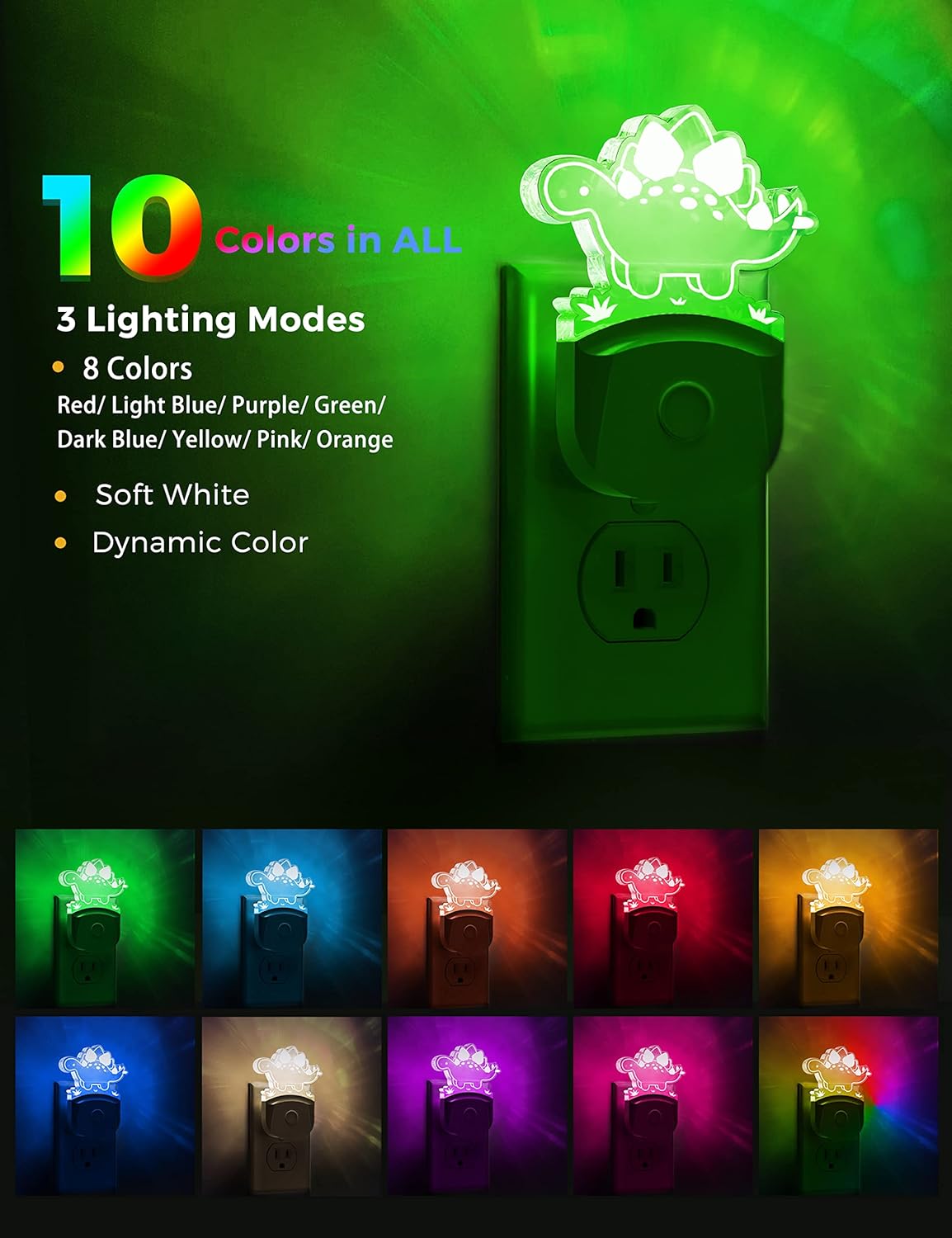 LOHAS Dinosaur Night Light for Boys, Kids Nightlight Plug in, Dusk-to-Dawn, Stegosaurus LED Night Lights Plug into Wall, RGB+Soft White 3000K, 3 Lighting Modes, Ideal for Nursery, Room Decor