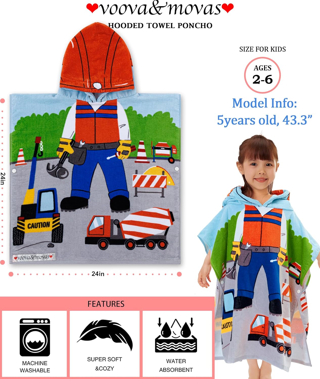 VOOVA & MOVAS Kids Beach Towels with Hood, (2-6Years,24"X48") Soft Cotton | Poncho for Toddlers, Ideal for Child Swim Camping Surf Shower | Birthday Gifts, Truck Work Zone Theme