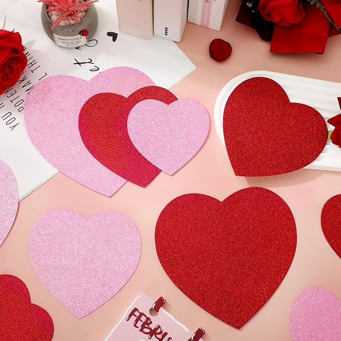 JarThenaAMCS 45Pcs Valentine' s Day Paper Cutouts Red Pink Glitter Heart Shape