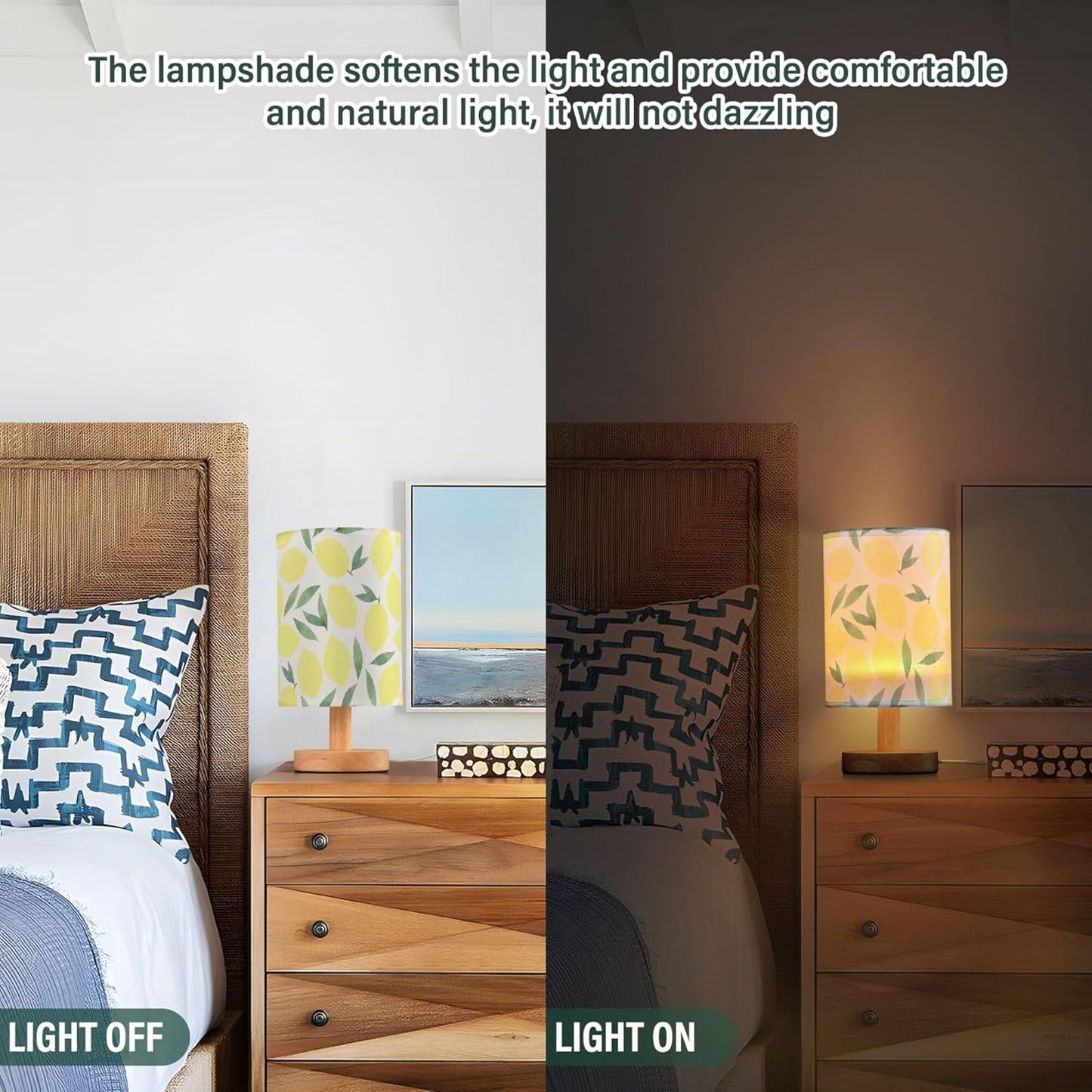 Table Lamp Watercolor Lemon and Leaf Pattern Pastel Color Fruit Print Nightstand Lamp with Wood Base Fabric Lamp Shade Bedside Desk Lamp for Living Room Bedroom Kids Room Office