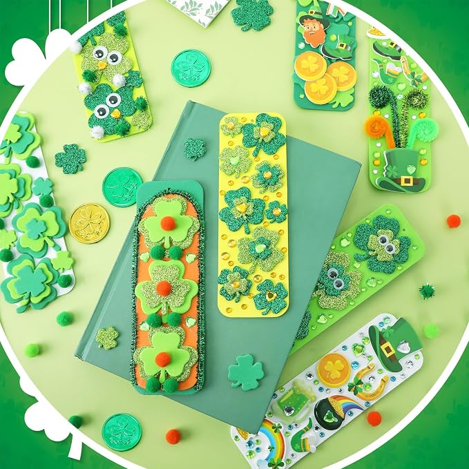 JULBEAR 36 Sets St Patricks Day Bookmark Craft Kits Foam Shamrock Arts | Blank