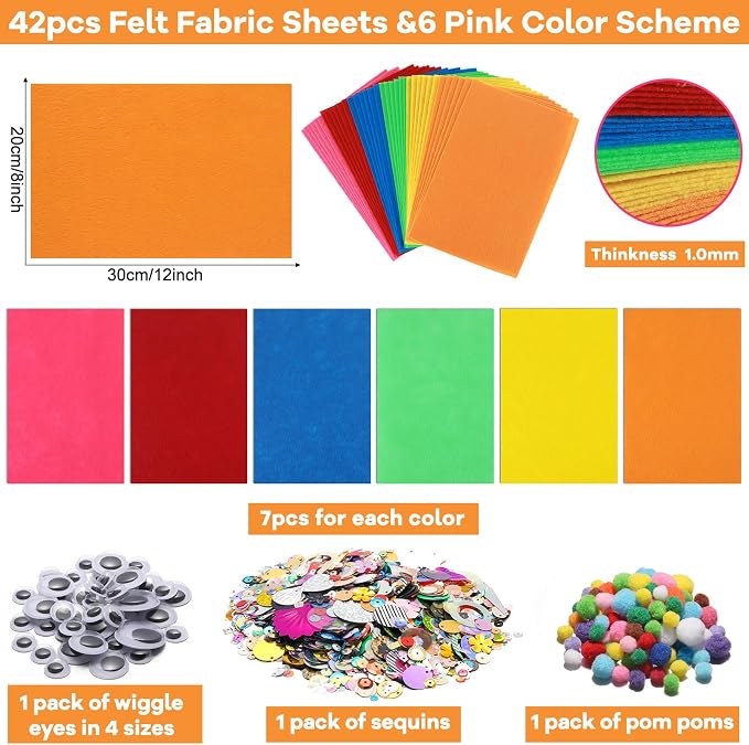 42Pcs Colorful Felt Fabric Sheets 8 x 12 Inch Assorted Red Pink Blue Soft Thick