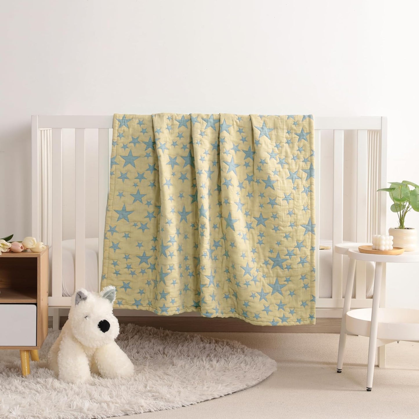 NTBAY 3 Layer Toddler Blanket, Muslin Cotton Jacquard Bed Blankets, Lightweight Thermal Baby Blanket, Super Soft and Warm Crib Blanket for All Seasons, Decoration Gift, 30"x40", Blue and Yellow Star