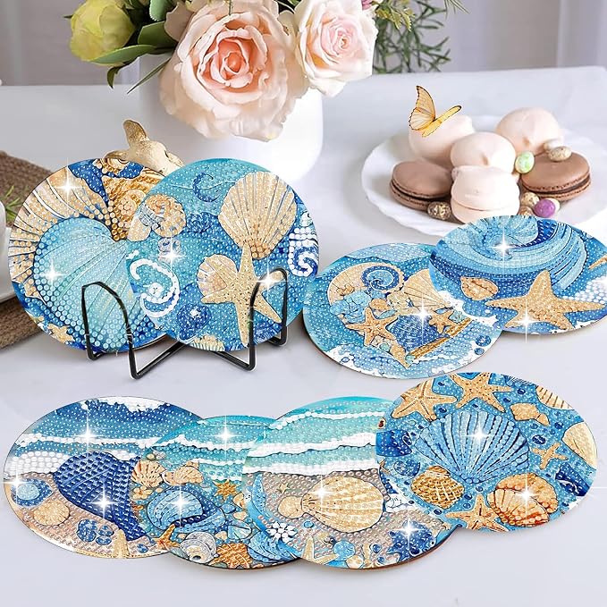 8 Pack Ocean Diamond Art Coasters, Seashell Diamond Painting Coasters Kits |