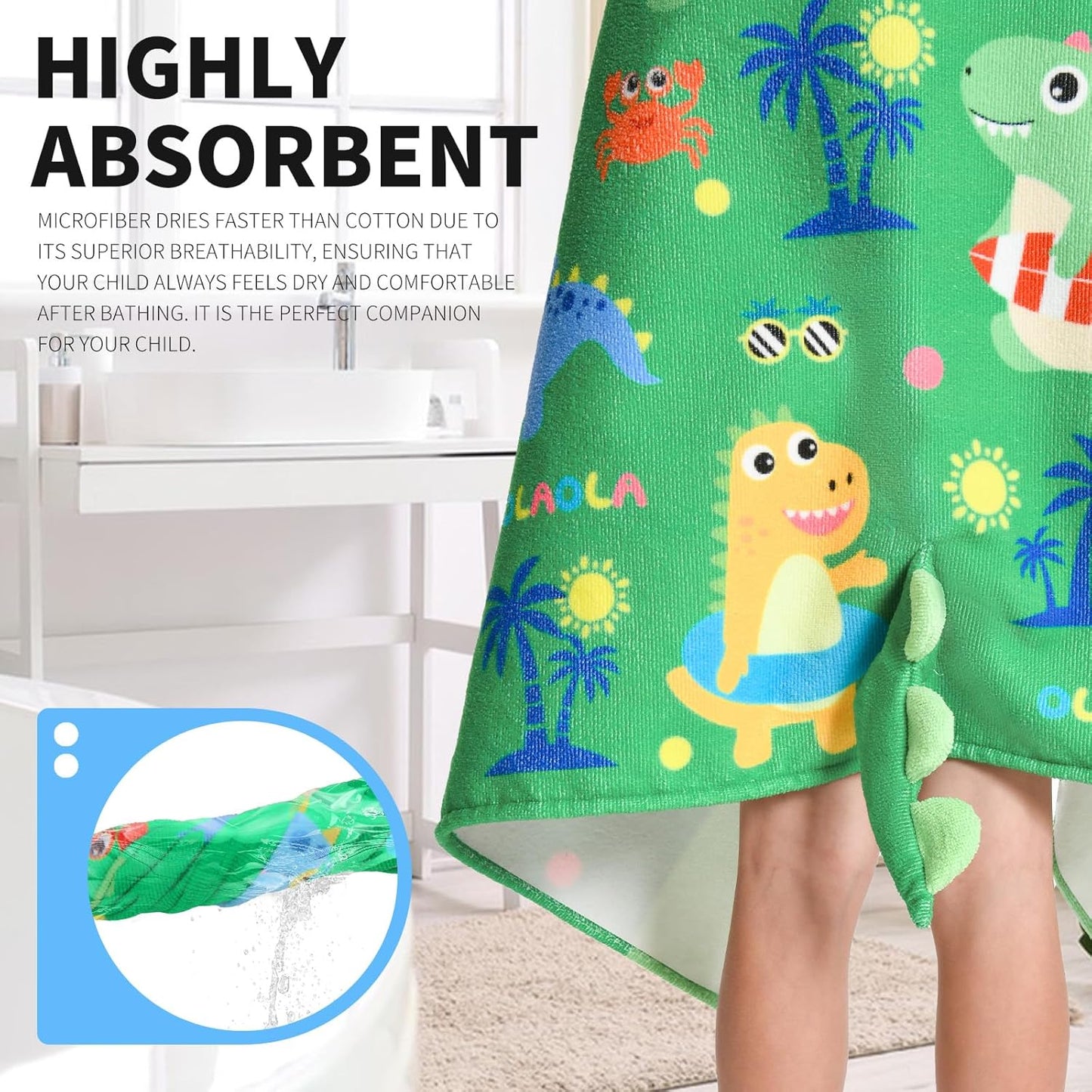 OLAOLA Dinosaur Beach Hooded Towel for Kids 3-12 Years, Soft Thick Absorbent Beach Towels, Toddler Bath Towel Wrap 28" x 53", Swim Pool Towels Poncho for Boys Girls