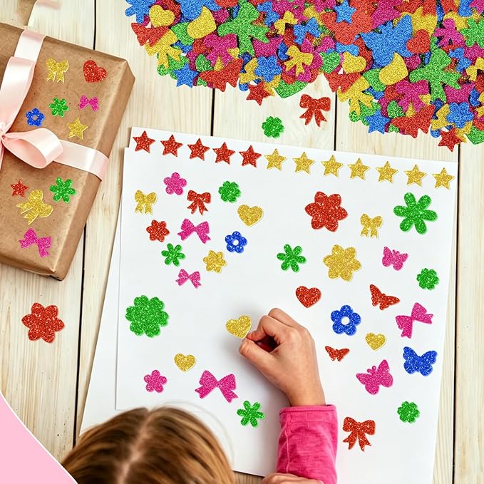 500Pcs Foam Stickers Glitter Colorful Flower Butterfly Bow Shapes Stickers