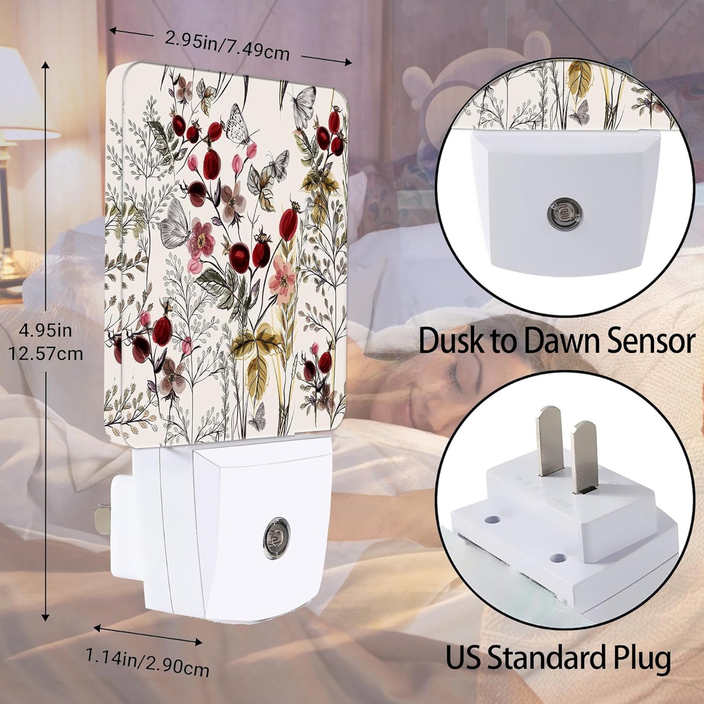 Vintage Flower Night Light, Butterfly Plug into Wall with Dusk to Dawn Light Sensors, Warm Nightlights for Bedroom, Bathroom, Hallway, Kitchen, Gifts Ideal for Girls Women