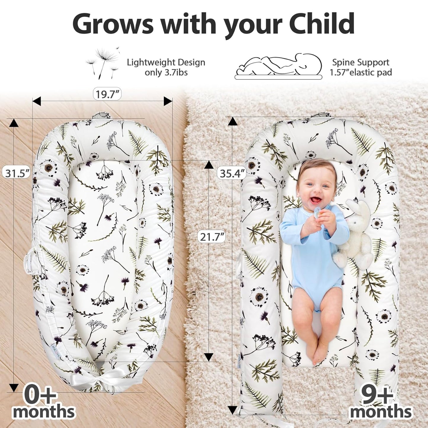 Baby Lounger | Organic Cotton Infant Lounger | Reversible, Adjustable & Portable Floor Lounger | Soft, Breathable, Washable Cover | Forest