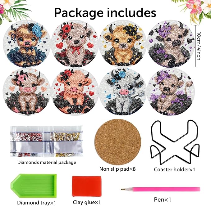 8 Pack Diamond Art Coasters, Highland Cow Diamond Painting Coasters Kits | Cow