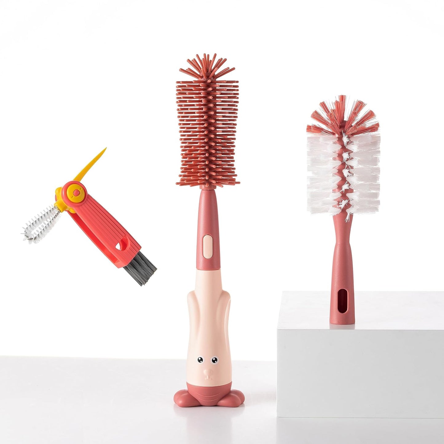 Chemimoso Cup Cleaning Brush, Silicone Baby Bottle Brush with Stand, Large Handle Water Bottle Brush Cleaner Set, with a Tiny Cup Lid Gap Cleaning Brush, Cup Lid Cleaner Brushes Kit, Pink