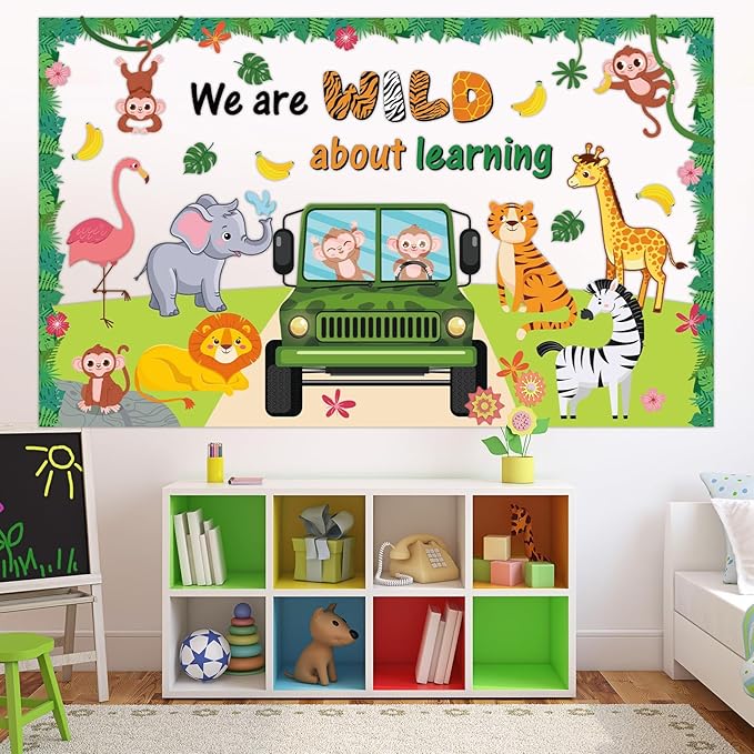 72PCS We Are Wild About Learning Bulletin Board Set Jungle Animals Truck
