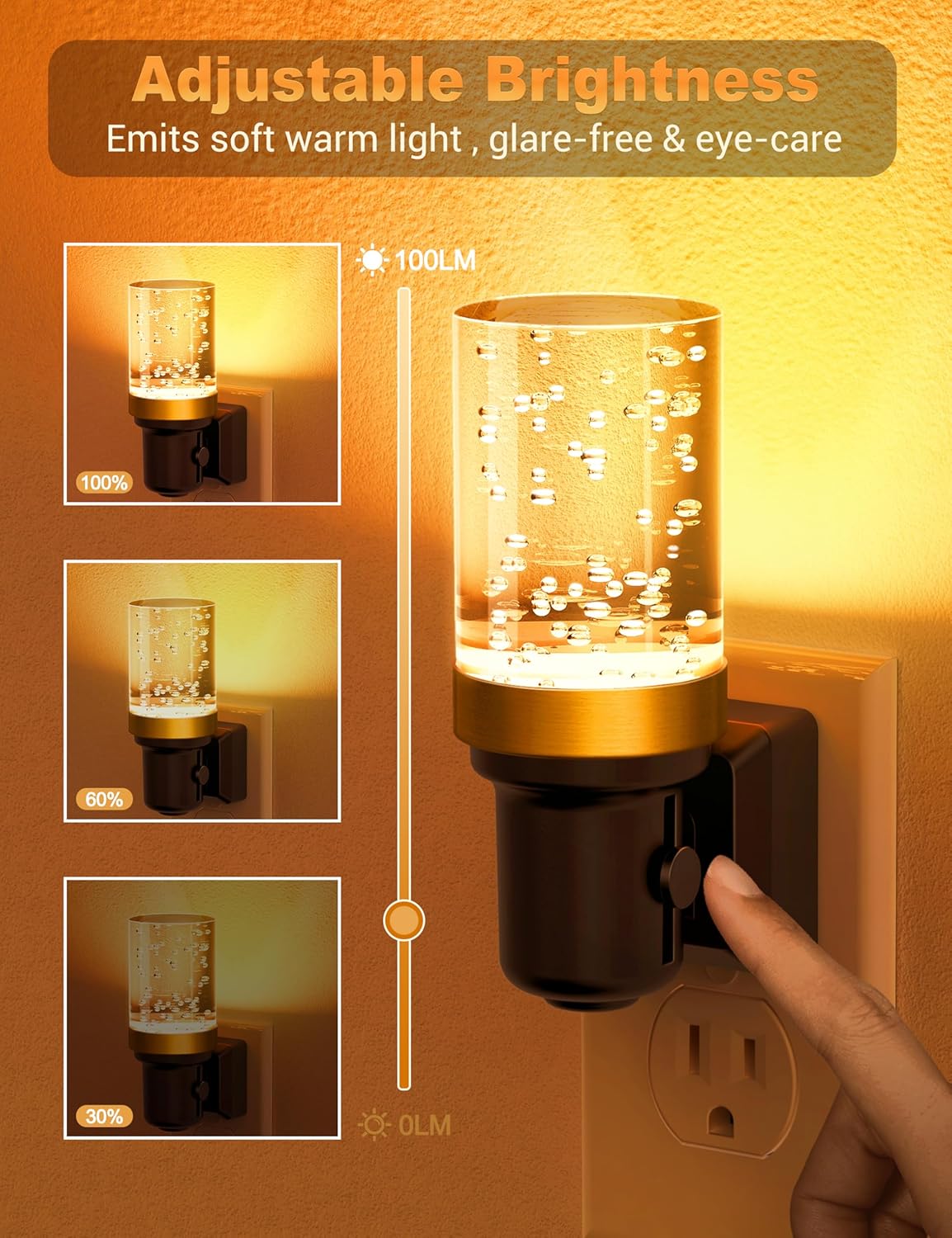 JandCase Night Light Amber, Dimmable Night Lights Plug into Wall, Auto On/Off Light Sensor Nightlight, 0-100LM Brightness LED Night Light, Bathroom Hallway Bedroom Decoration