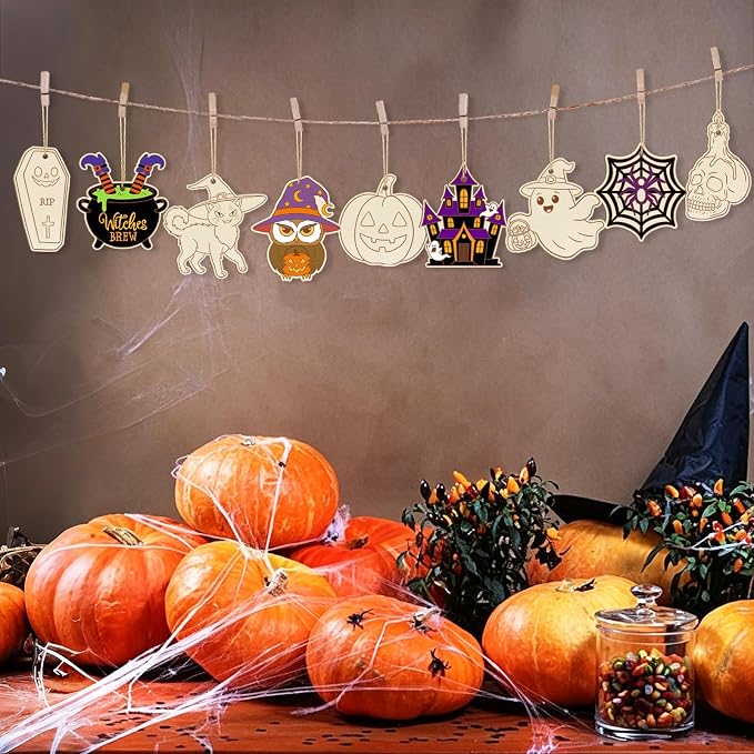 36PCS Wooden Halloween Ornaments to Paint Fall Decorations Crafts