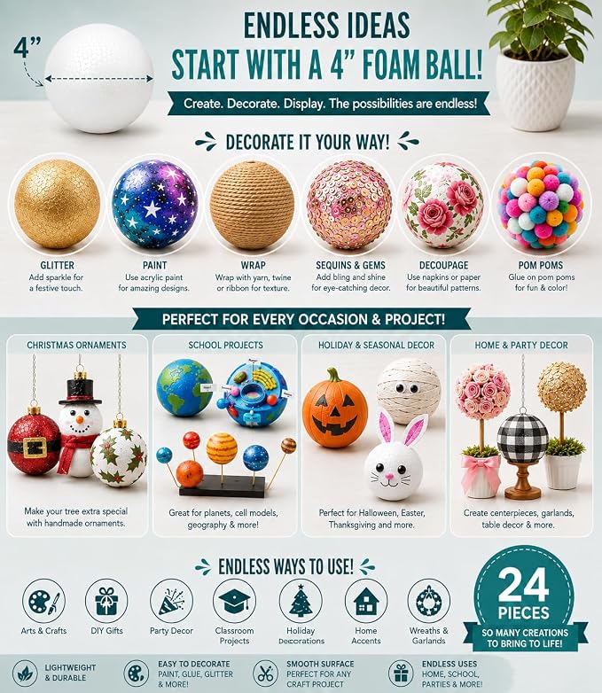 Evershine 24 Pack 4 Inch Craft Foam Ball